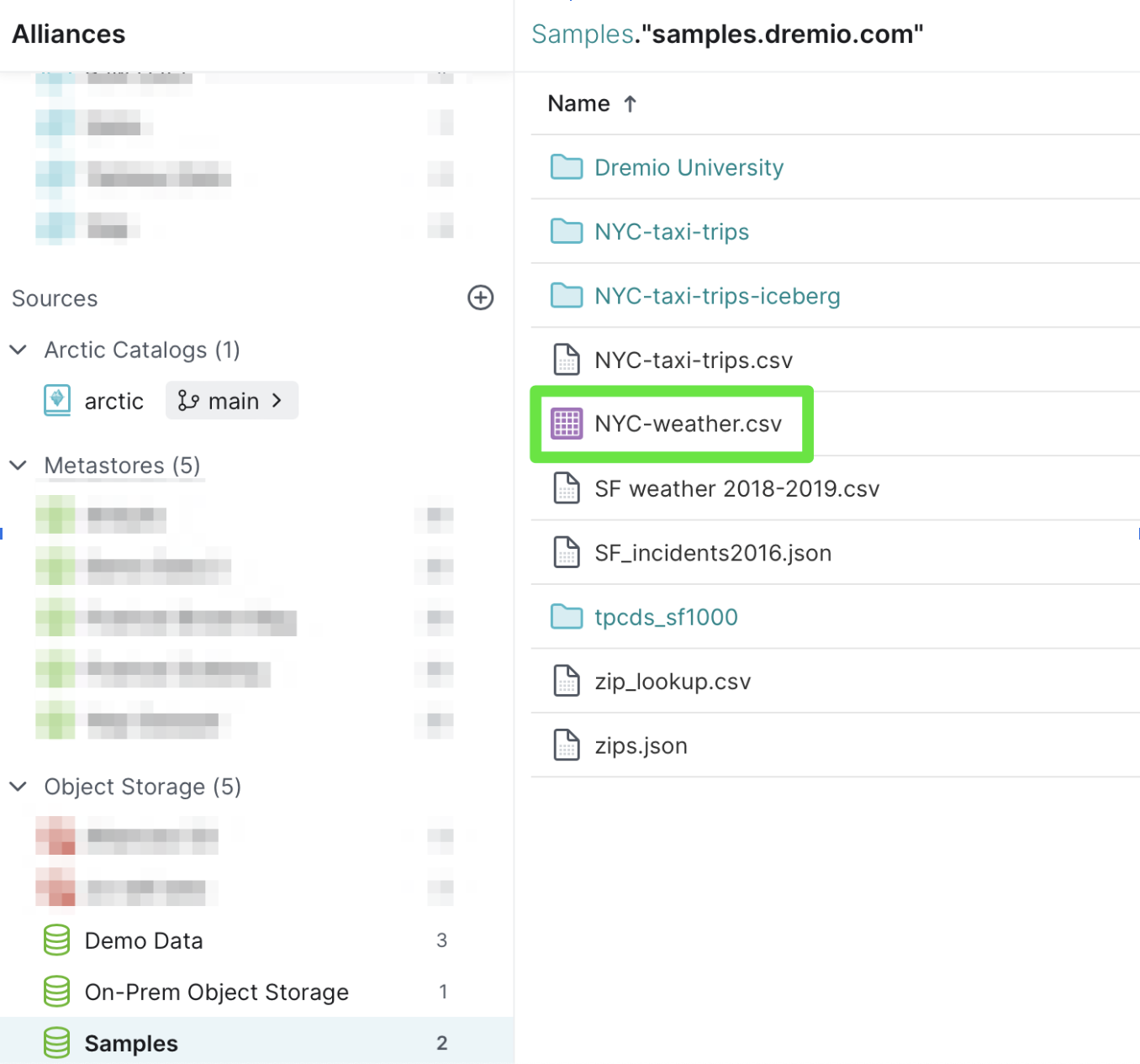 NYC-weather.csv location in Dremio Cloud